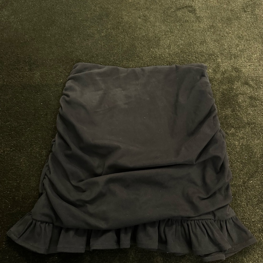 Black Ruched Mini Skirt with Ruffle Hem Velvety Material